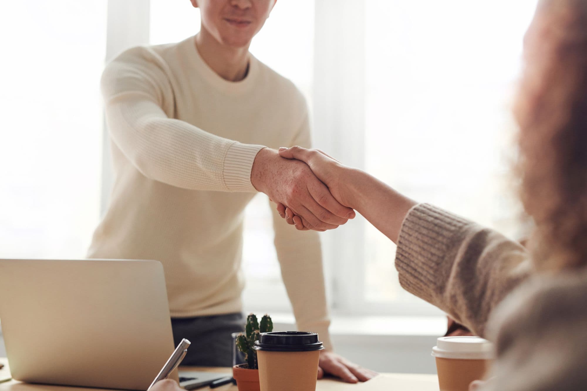 Two colleagues shaking hands across a table
